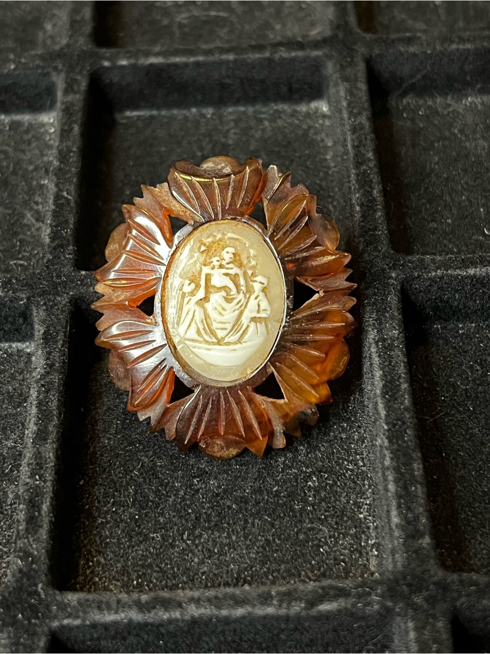 Antique art nouveau carved celluloid brooch Madonna Mary Jesus